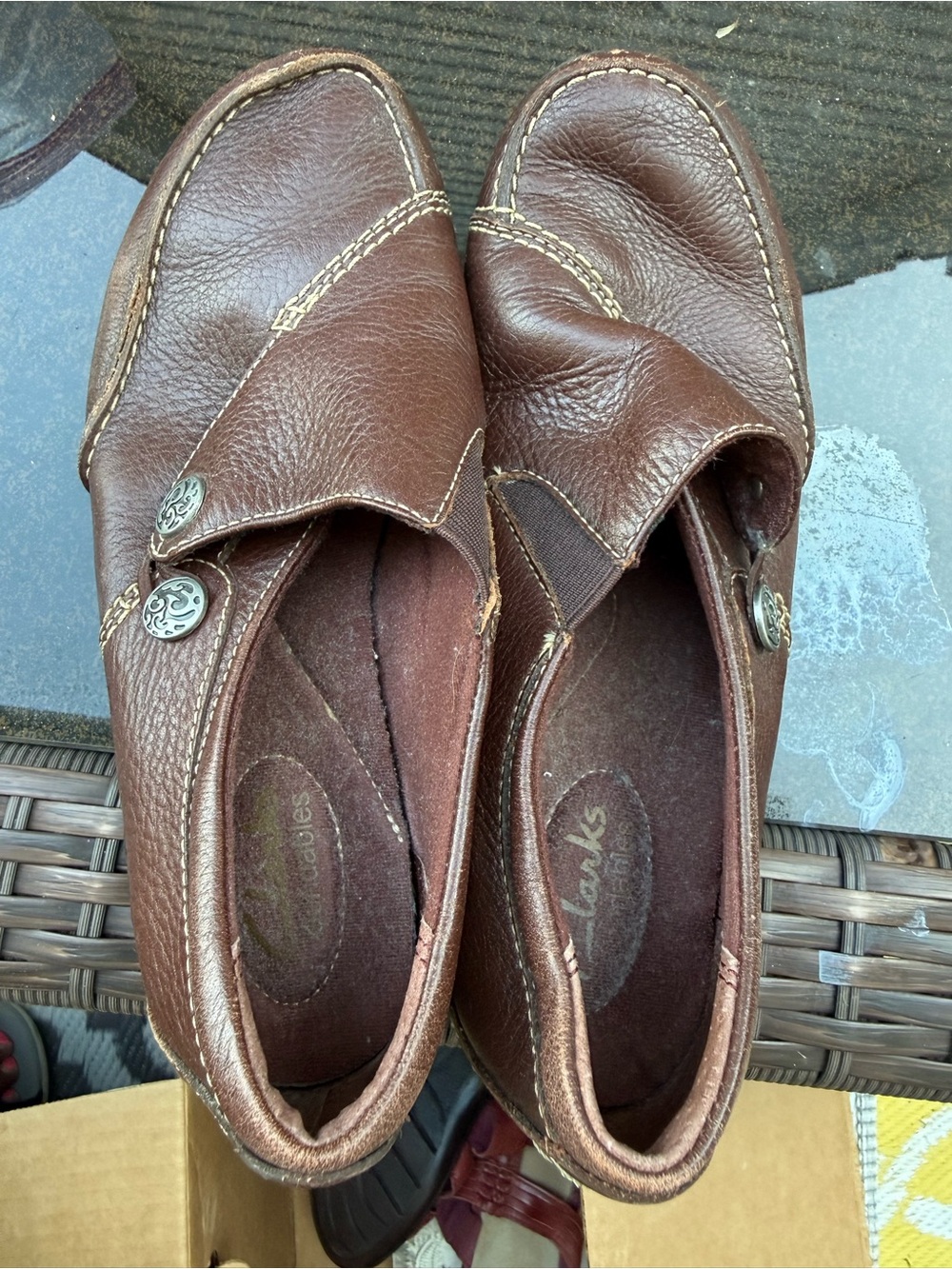 Clarks Women's Brown Leather Slip-On Moccasins with Decorative Button